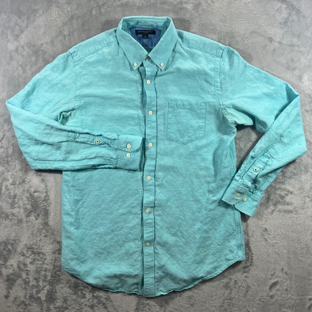 BANANA REPUBLIC Button Down Mens M Teal Linen Cotton Slim Fit 950298-06 Summer